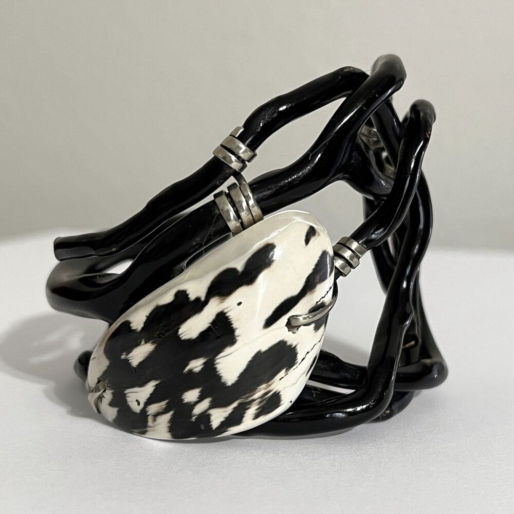 VTG Black Coral Branch Cuff Bracelet Wire Wrapped Shell Handmade Asymmetrical